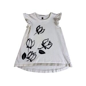 Tea Collection Girls Size 5 White Black Floral Flutter Sleeve‎ Shirt